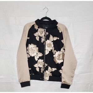 Goldie Take It Easy Bomber Jacket Size L Full Zip Black Mesh w/ Beige Floral